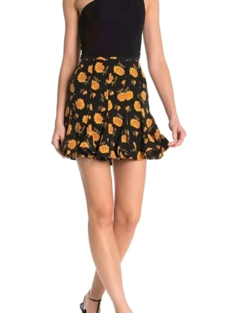 VERONICA BEARD Skirt WELLER FLORAL Summer BLACK 100% Silk Ruffled MINI Size 6